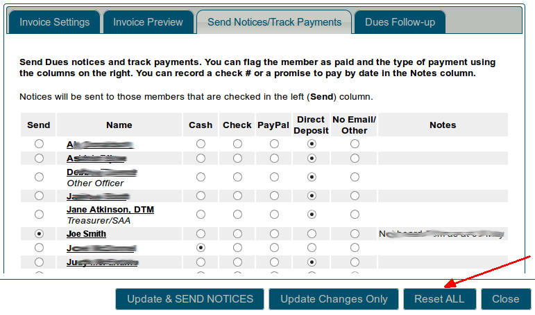 Send notices and track payments tab