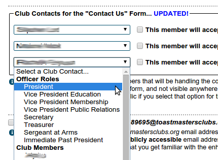Setting club contacts for the "Contact Us" form