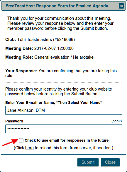 Password screen for confirming roles