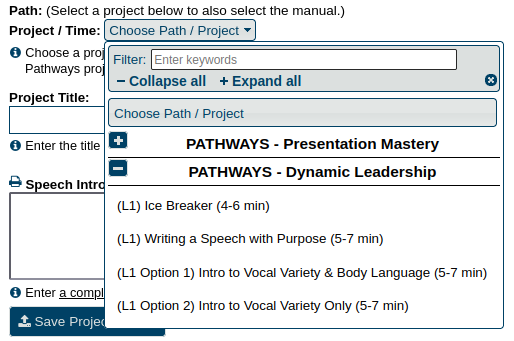 Dropdown menu with Pathways projects