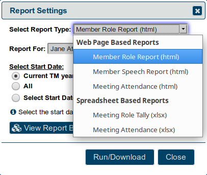 Report type listing