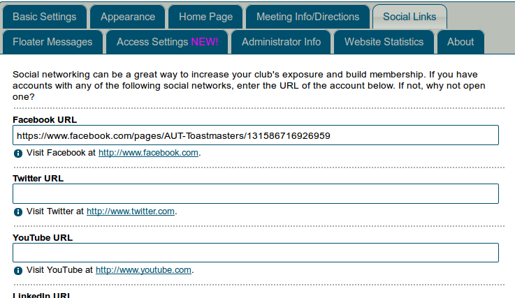 Social media link settings