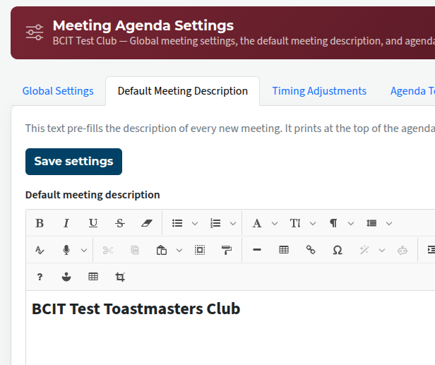 default meeting description for agenda header