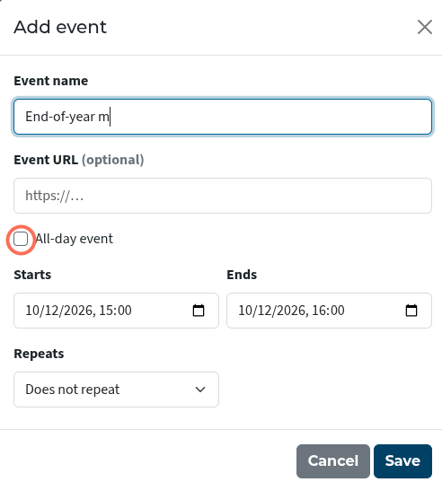 add or edit event dialogue