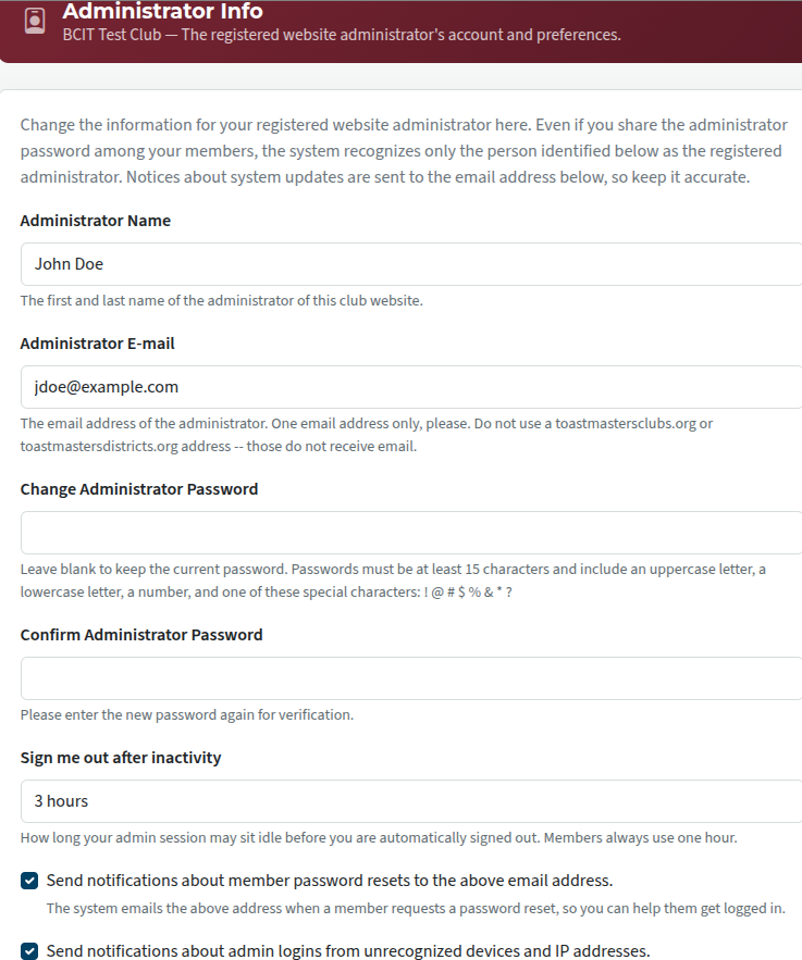 Website admin info and preferences