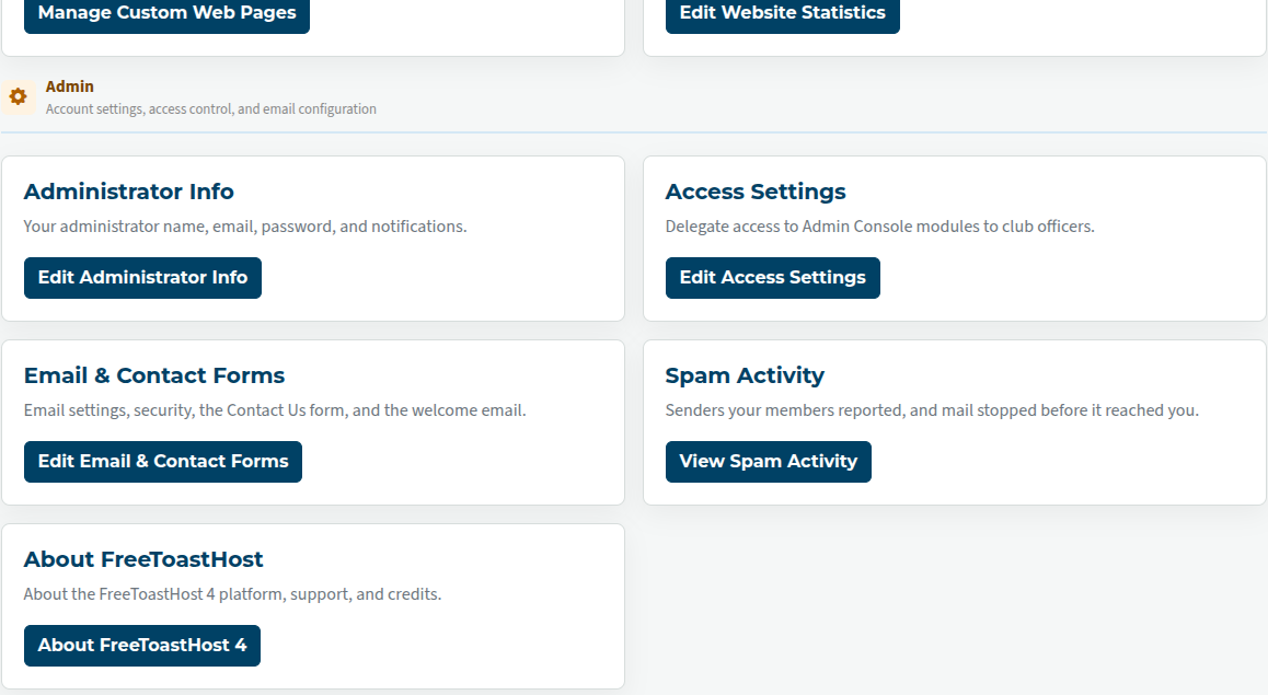 admin dashboard showing administrative functions