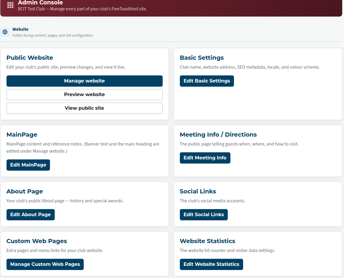 admin dashboard configuration and website section