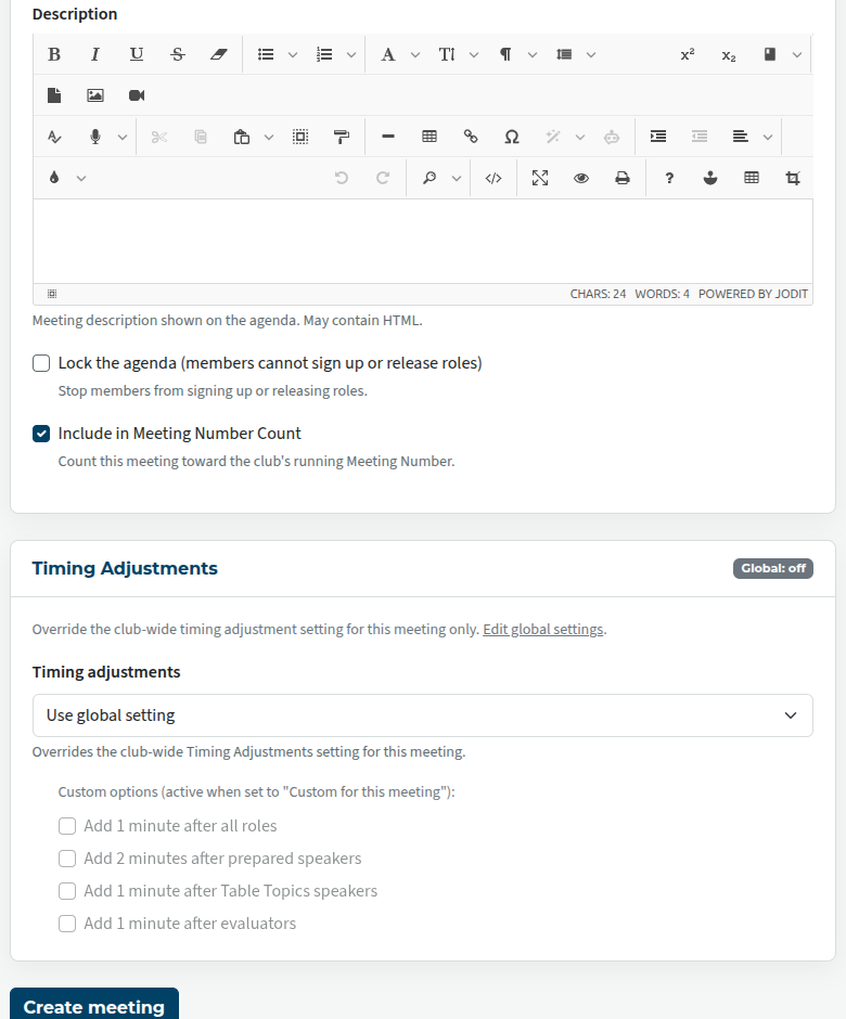 Agenda description and timing