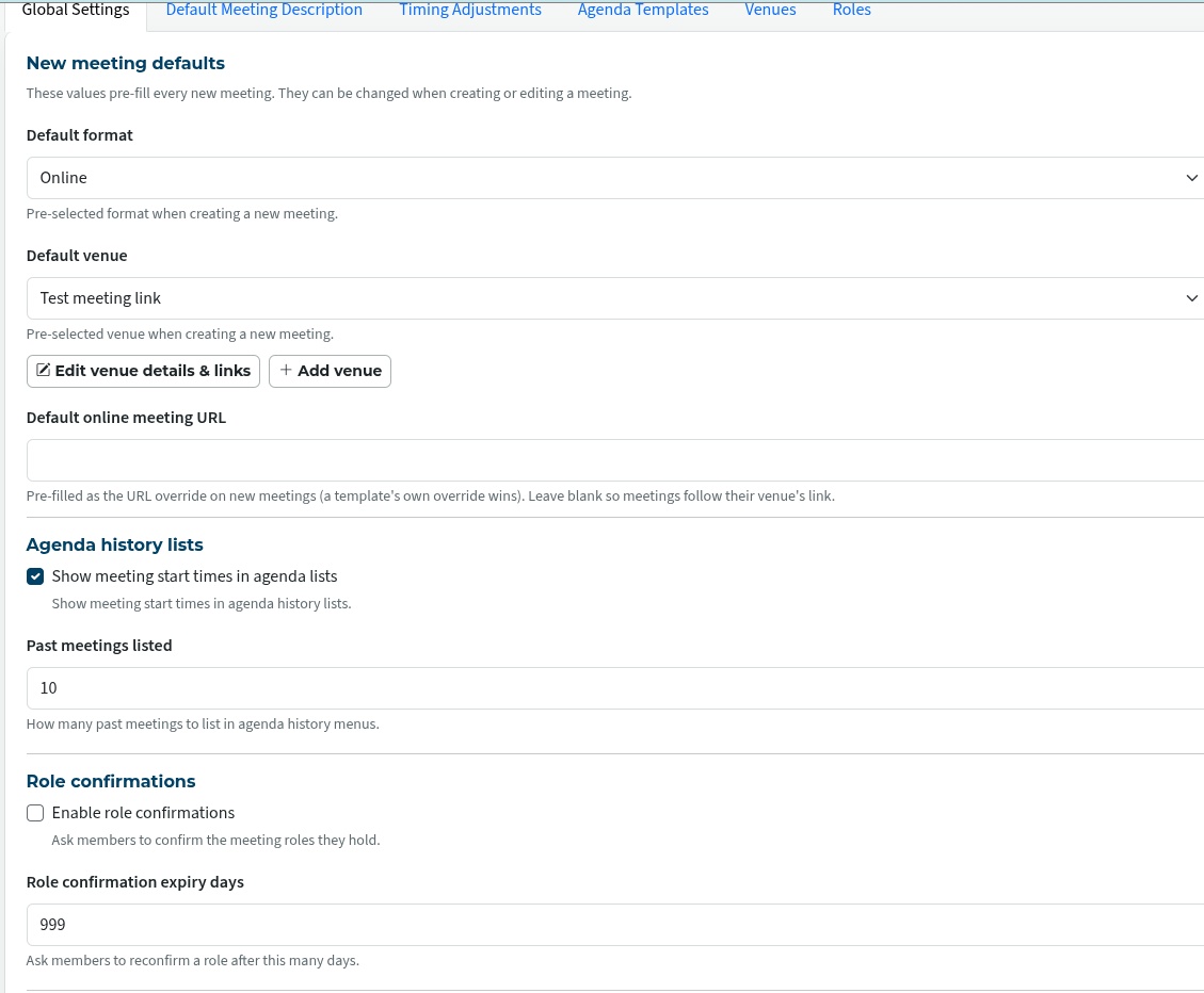 default agenda settings