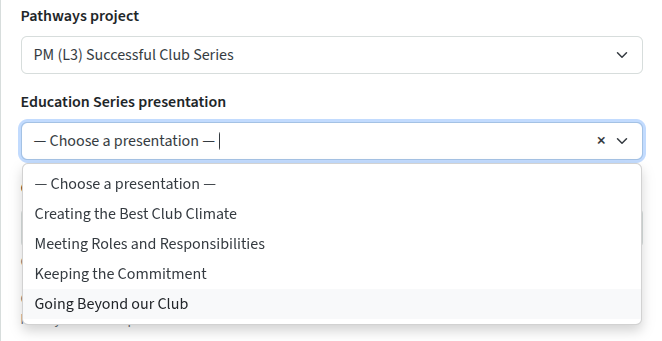 education series selection dropdown