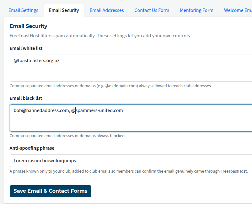 Anti-spam settings