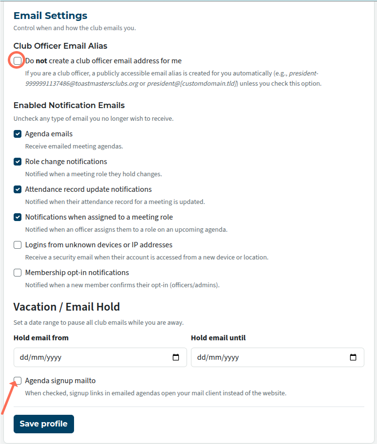 email settings