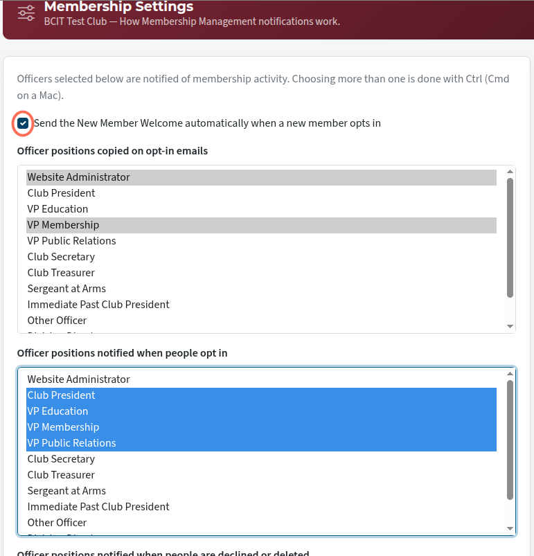 Membership management notification settings