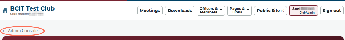 Navigation bar for member and admin pages