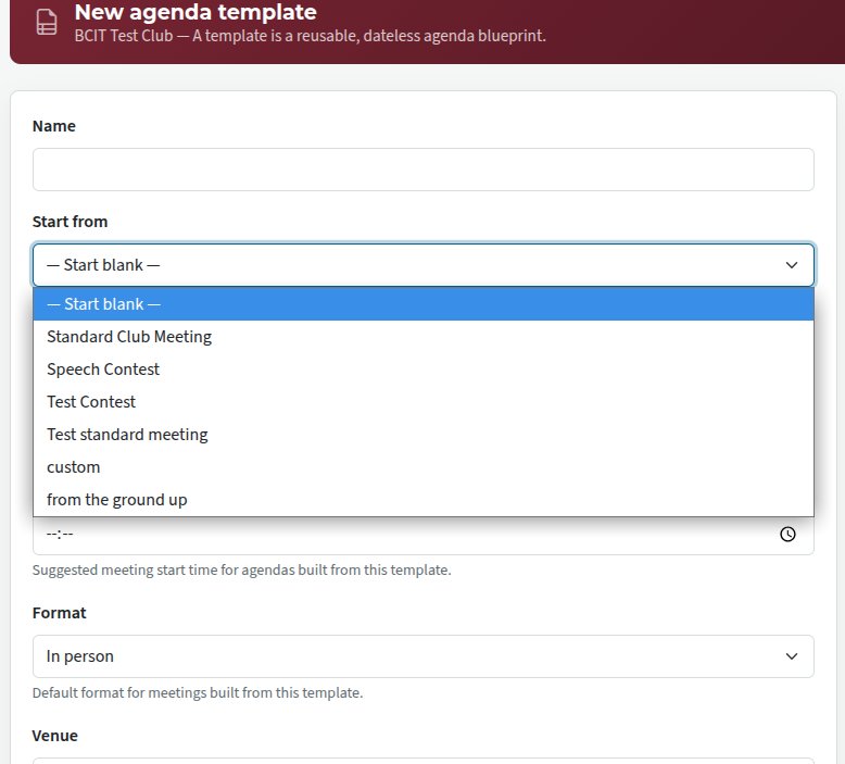 new agenda template dropdown