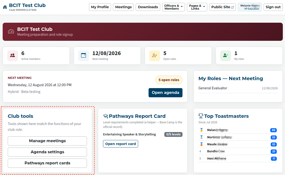 club officer dashboard with officer functions outlined