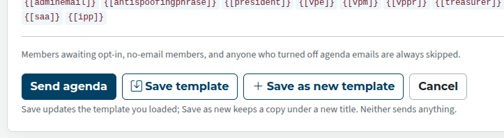 Sending agenda and save template buttons