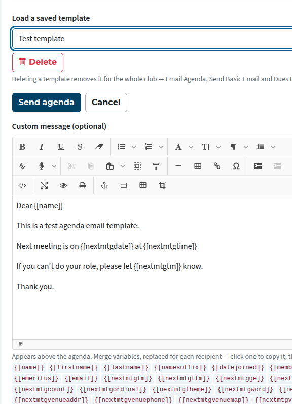 agenda template list and email variables