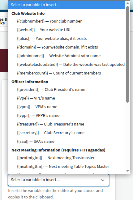 webpage variables drop-down