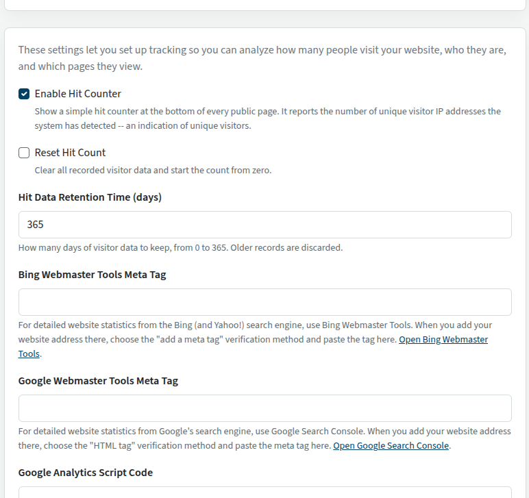Site statistics configuration